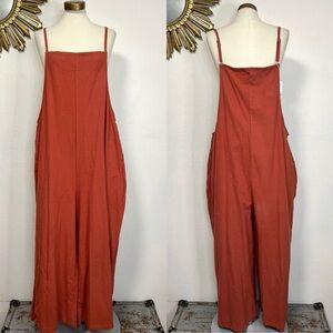 Yesno Rust Wide Leg Loose Jumpsuit Romper with Spaghetti Straps